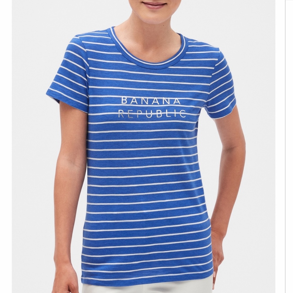 Banana Republic Blue & White Striped Logo Tee NWT - Picture 1 of 1